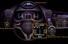 Instrumentpanelt i Honda Insight er præget af Econ-systemet.