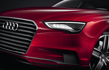 Kølergrillen på Audi A3 concept har tværliggende, tredimensionelle aluminiumslameller, som understreger konceptbilens bredde rent optisk.
