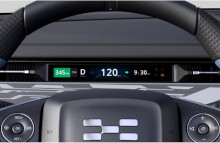 Den ene af de to skærme i Aiways U6 sidder direkte foran føreren og viser rækkevidde, ladestand, hastighed og tid.